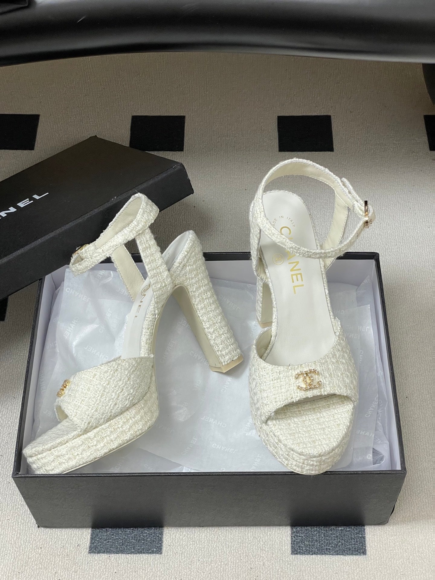 CHANEL 26S HIGH HEEL SANDALS 120 MM IN WHITE TWEED