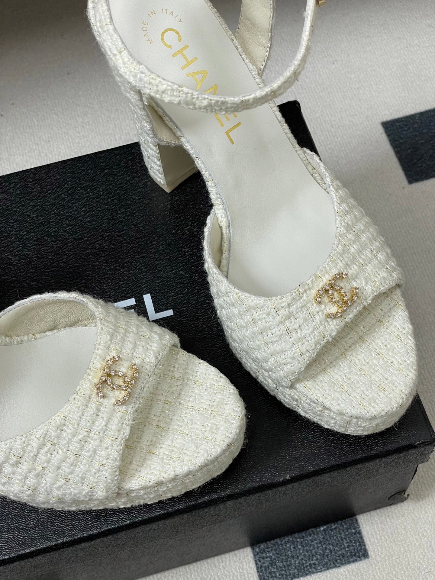 CHANEL 26S HIGH HEEL SANDALS 120 MM IN WHITE TWEED