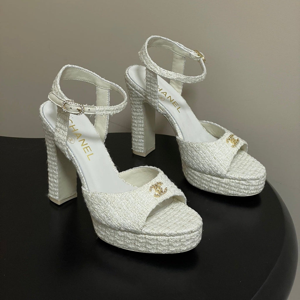 CHANEL 26S HIGH HEEL SANDALS 120 MM IN WHITE TWEED