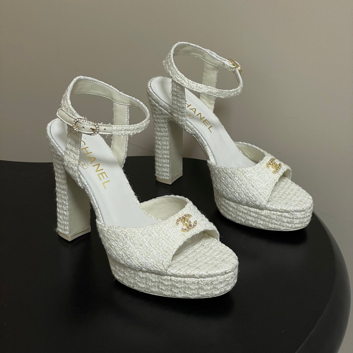 CHANEL 26S HIGH HEEL SANDALS 120 MM IN WHITE TWEED