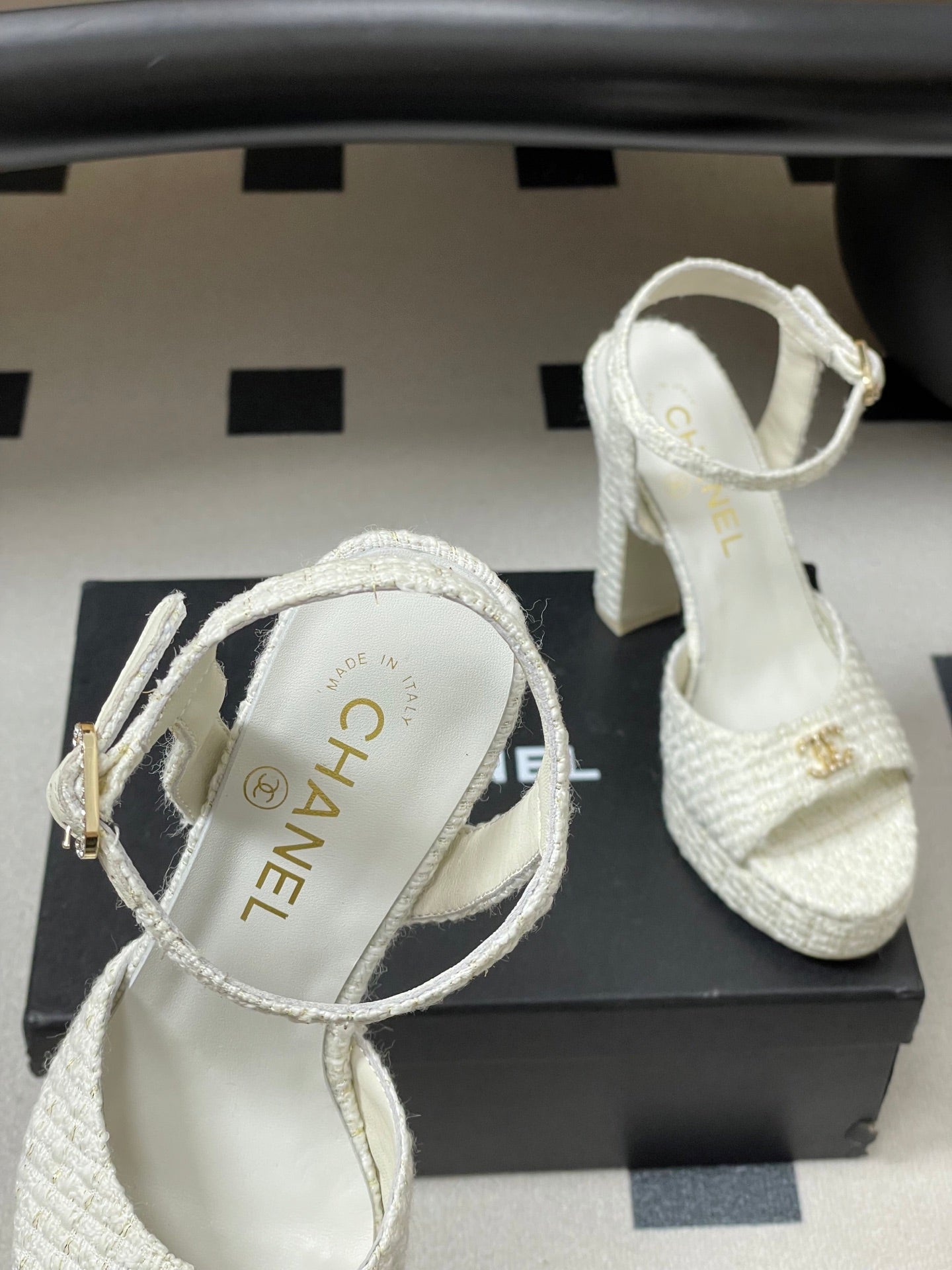 CHANEL 26S HIGH HEEL SANDALS 120 MM IN WHITE TWEED