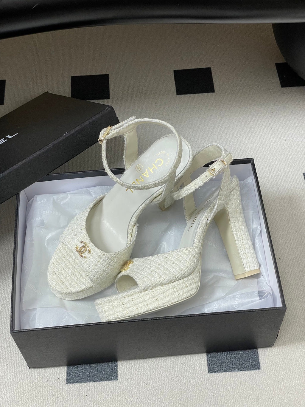 CHANEL 26S HIGH HEEL SANDALS 120 MM IN WHITE TWEED