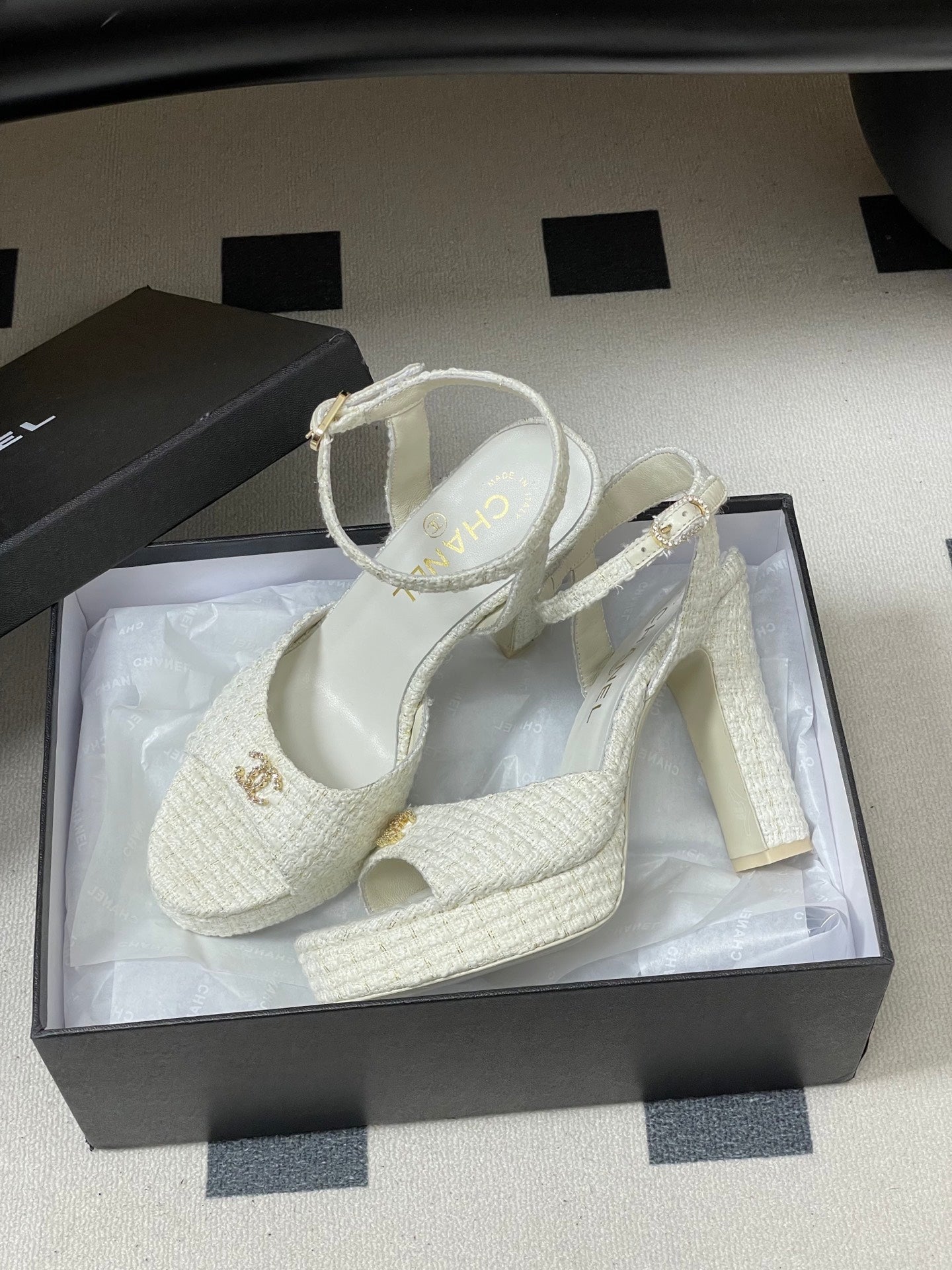 CHANEL 26S HIGH HEEL SANDALS 120 MM IN WHITE TWEED