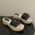CC 26s Camellia Slippers Beige Black Rope Smooth Leather 649402