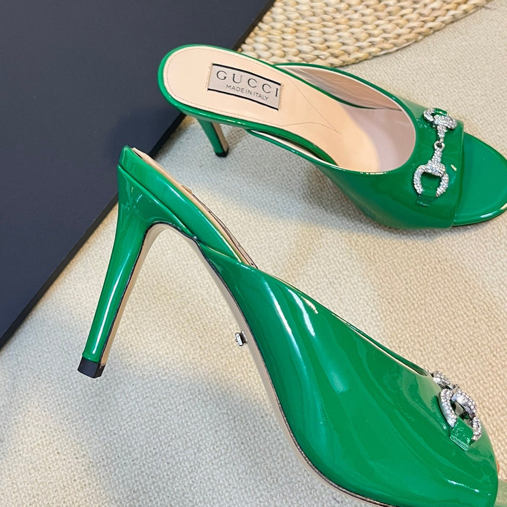 GG  Women's Horsebit mid-heel slide sandal in glossy Jade Green