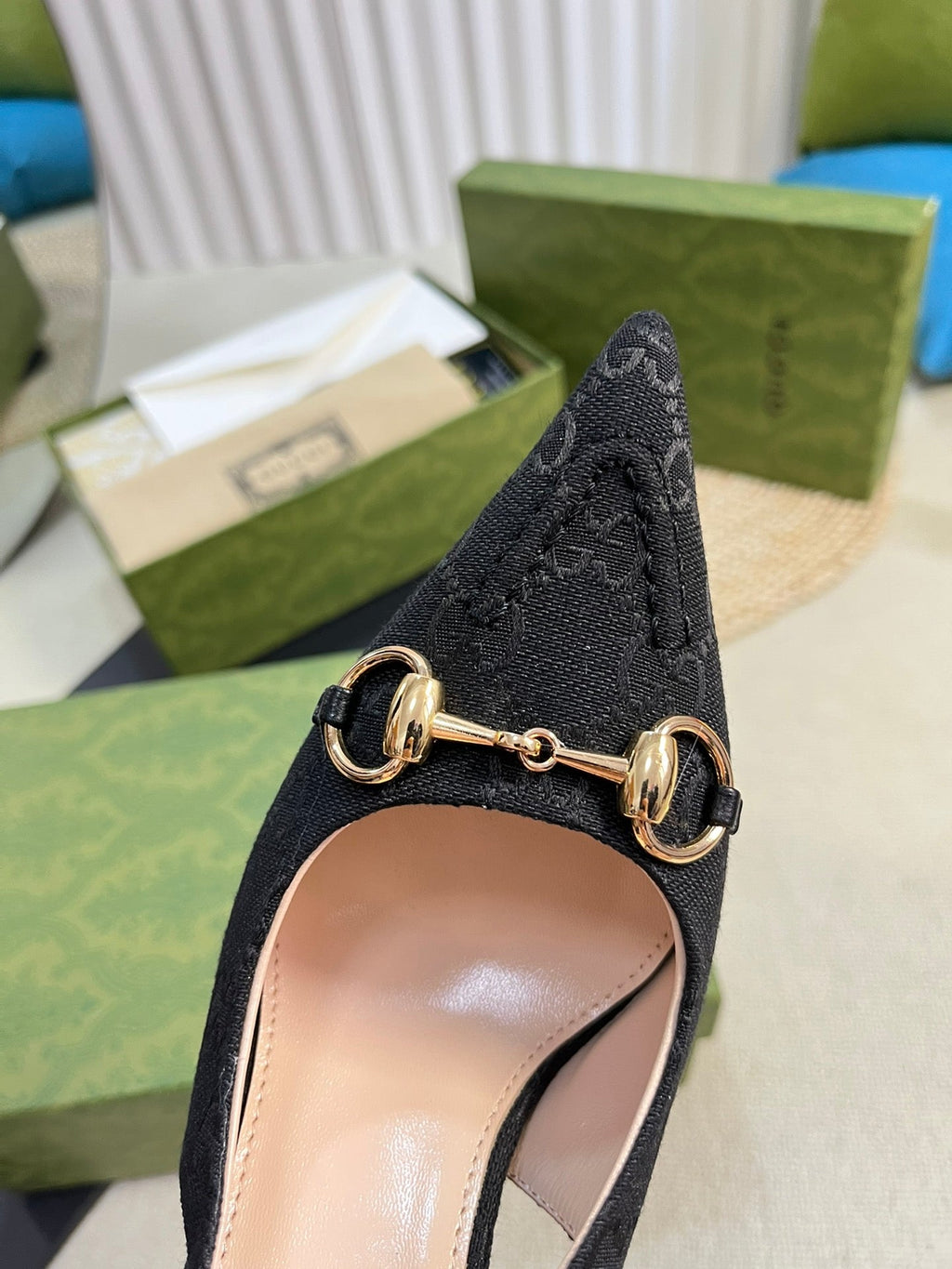 GC Horsebit Slingback Pump 100mm Black Canvas Sheepskin 294564