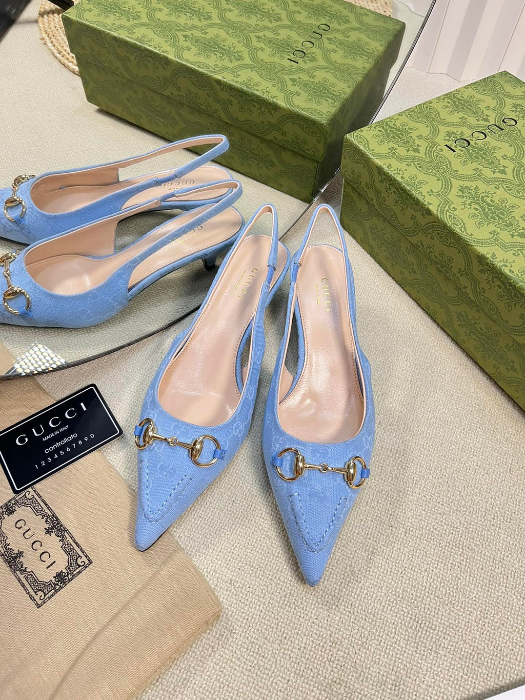 GC Horsebit Slingback Pump 50mm Blue Canvas Sheepskin 294546