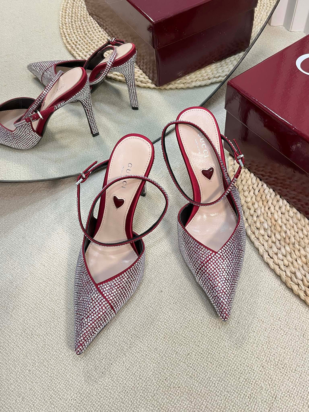 GC Crystal-Embellished Slingbacks Red Silk Sheepskin 294609