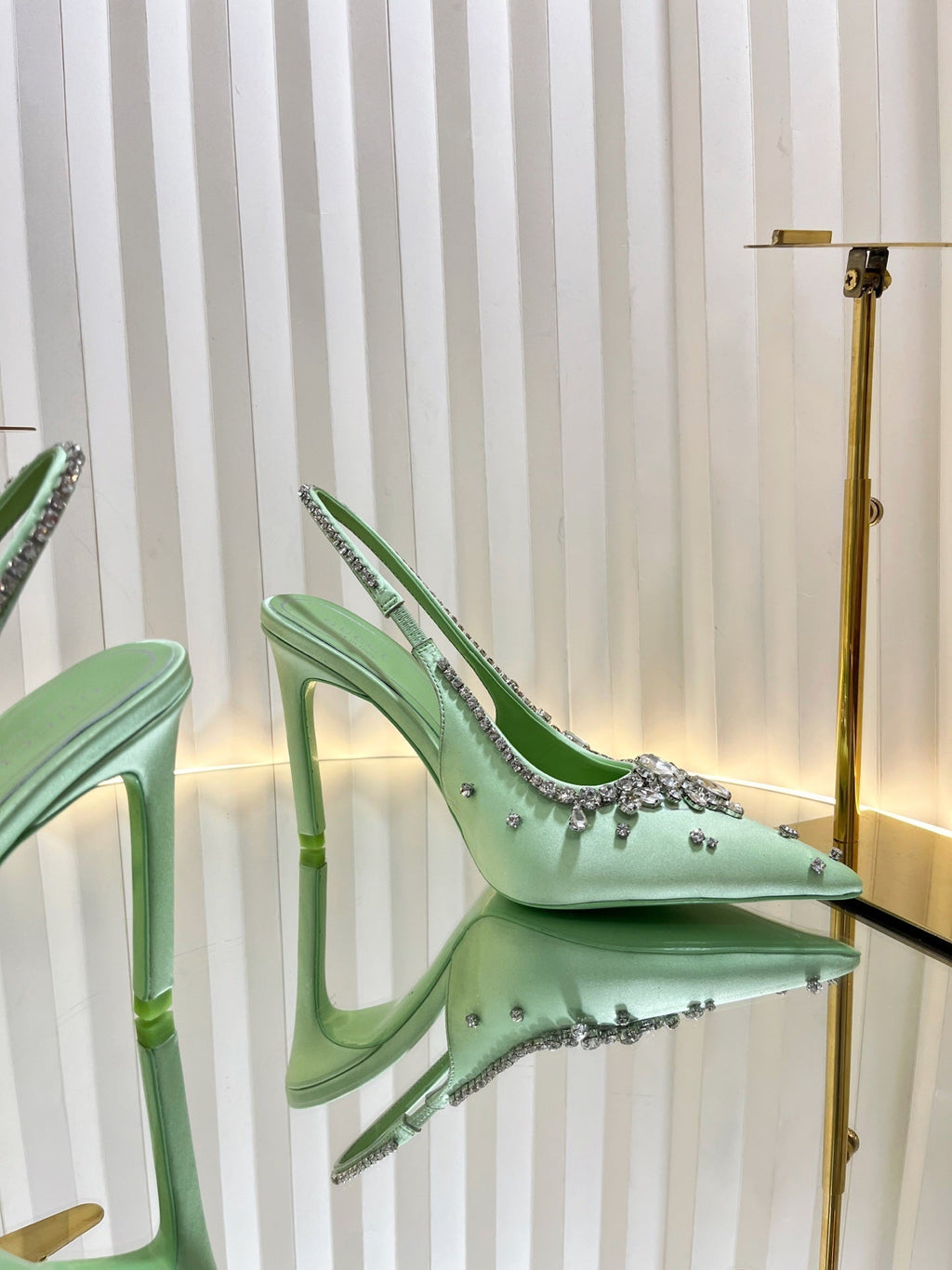 GC 2025 Crystal Embellished High Heels Slingbacks Green Silk Sheepskin 294525