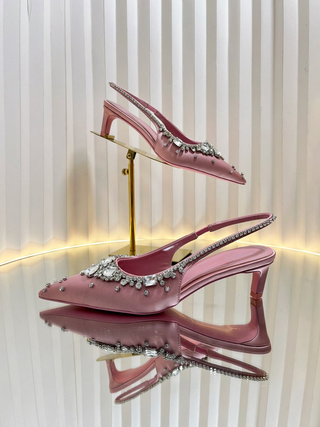 GC 2025 Crystal Embellished 55mm High Heels Slingbacks Pink Silk Sheepskin 294527