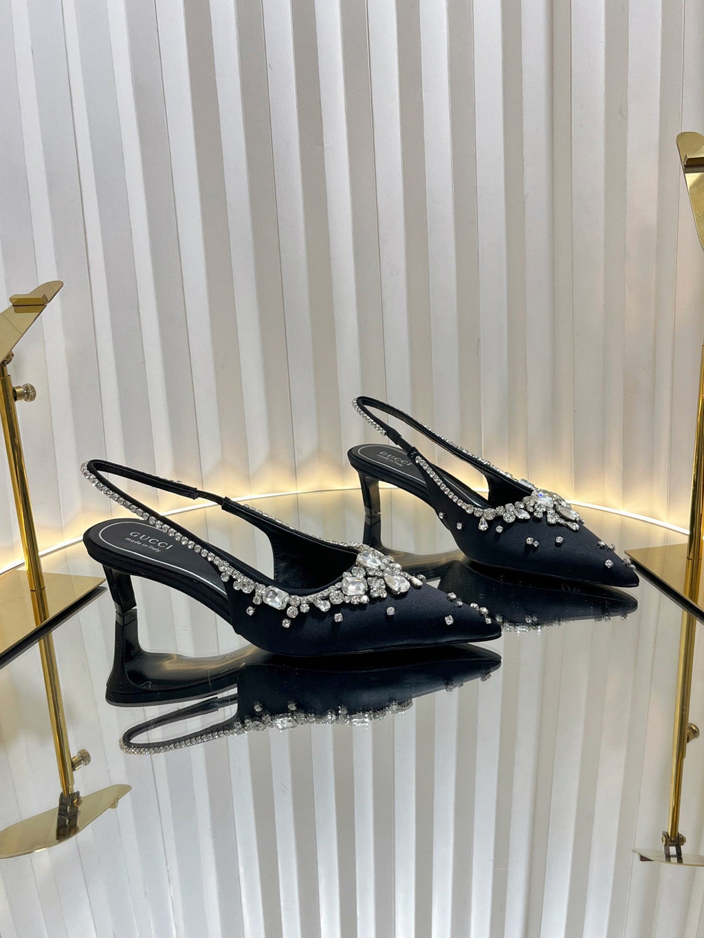 GC 2025 Crystal Embellished 55mm High Heels Slingbacks Black Silk Sheepskin 294526