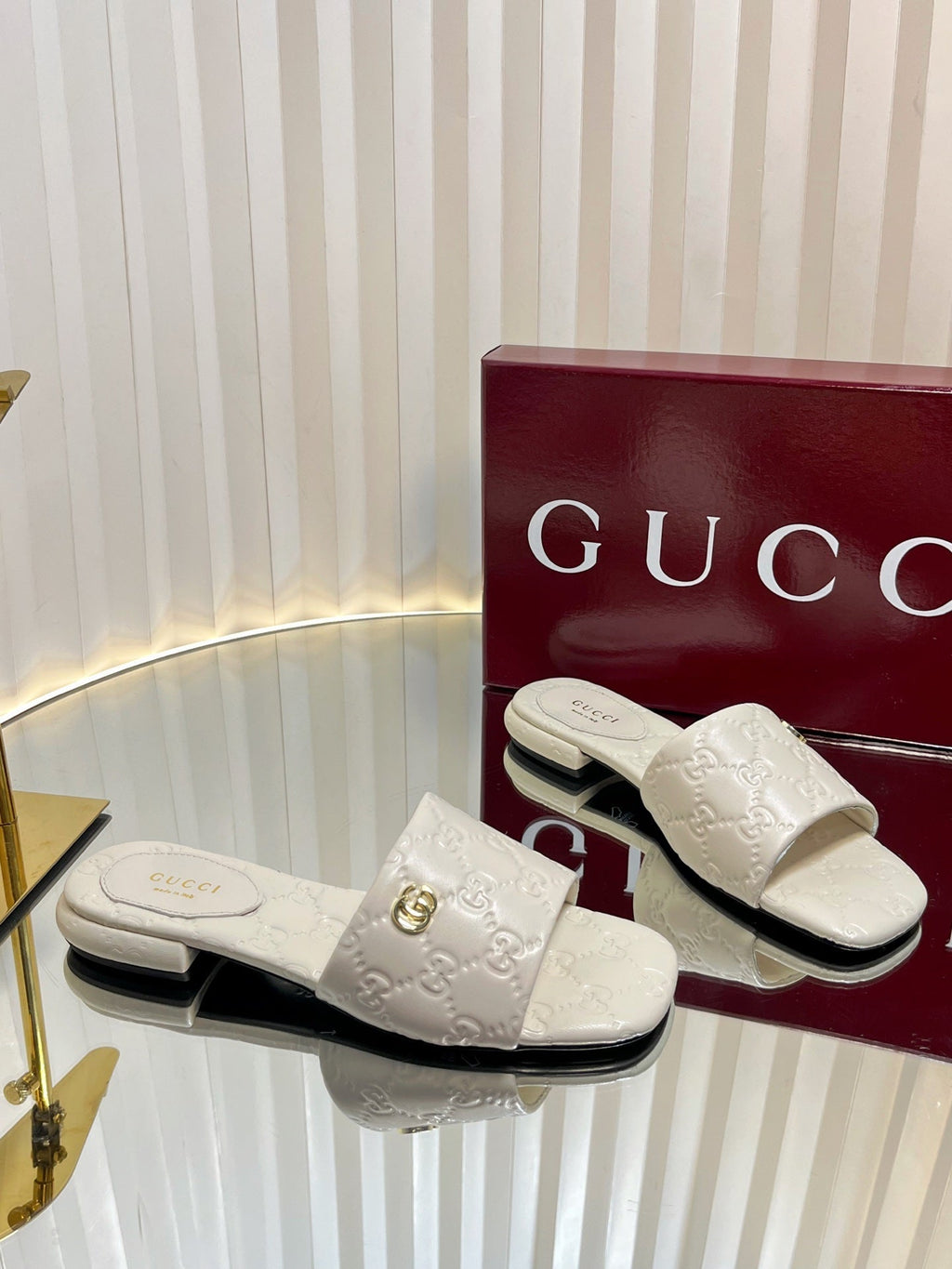 GC Double G Slide Sandals White Embossed Leather 294635