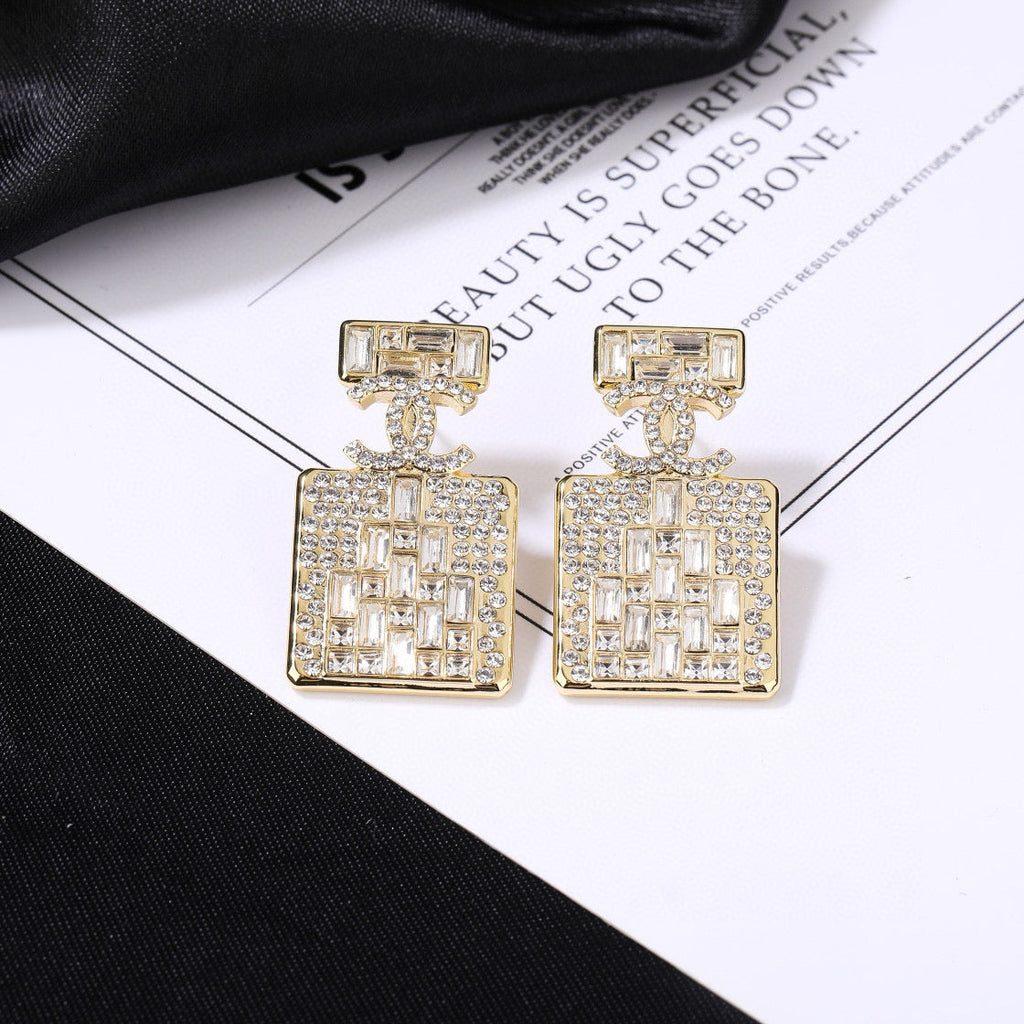 CC Perfume Bottle Gold Diamond Earrings