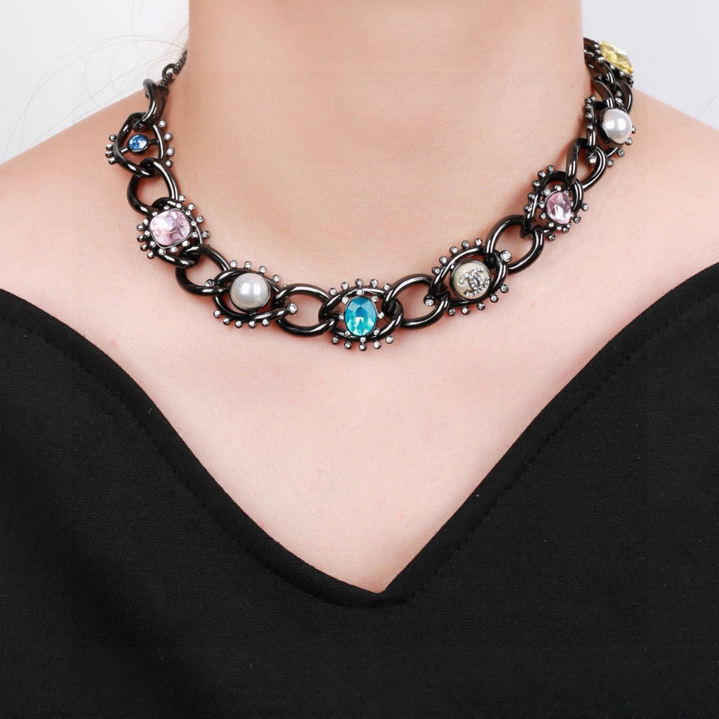 CC Multicolor Crystal Pearl Black Necklace