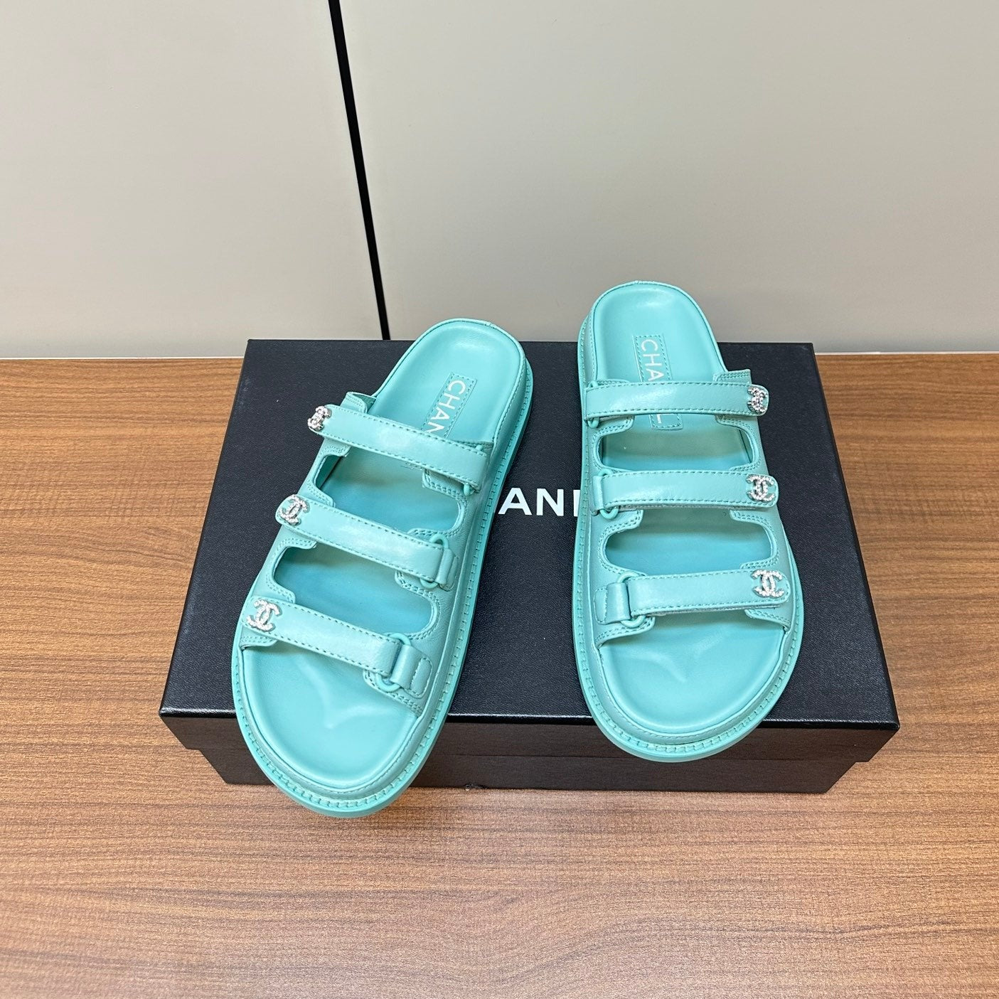 dad sandals skye blue 3 rows lambskin mules