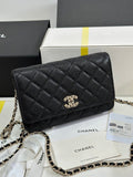 CC 25P Wallet On Chain 19cm Black Cowhide Heart Rhinestone 243601