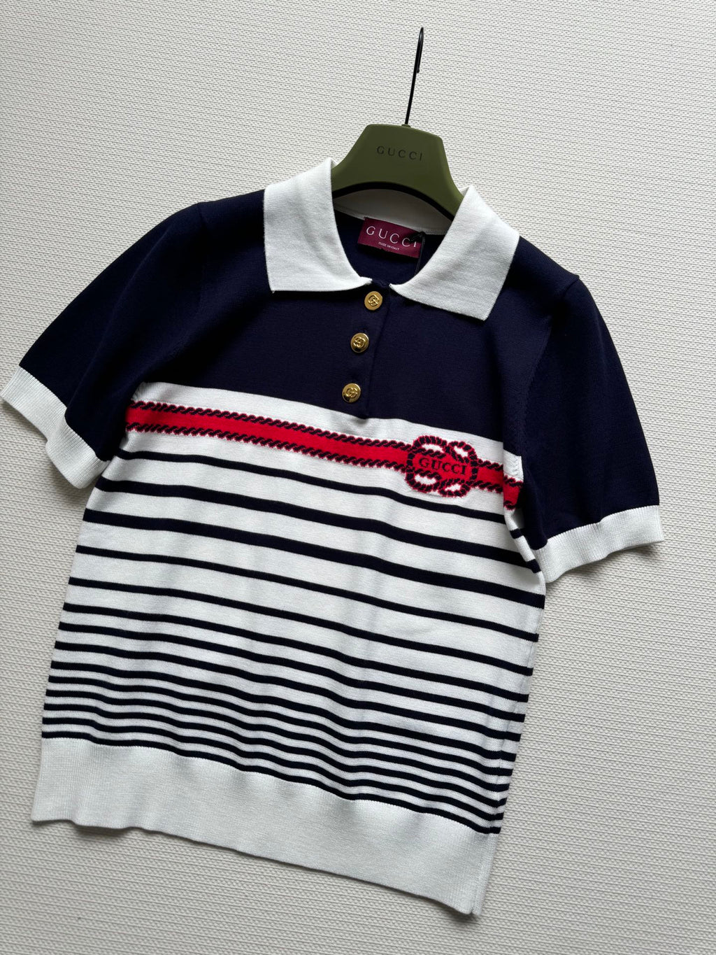 Gucci Striped Polo Knitted Top Dark Blue White Cotton