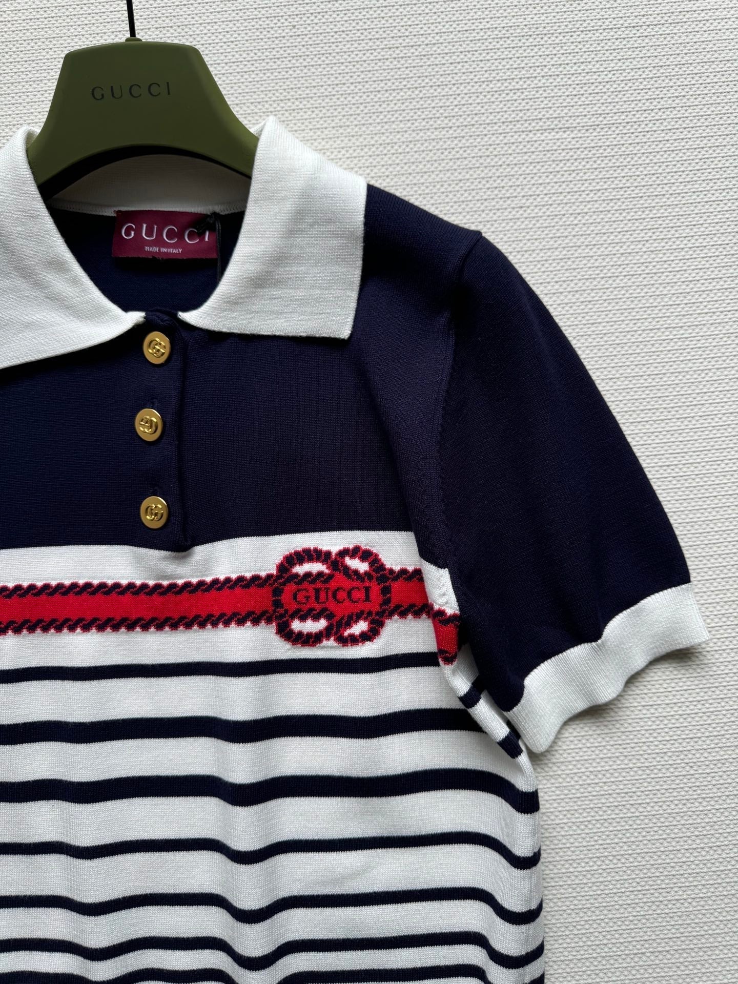 Gucci Striped Polo Knitted Top Dark Blue White Cotton