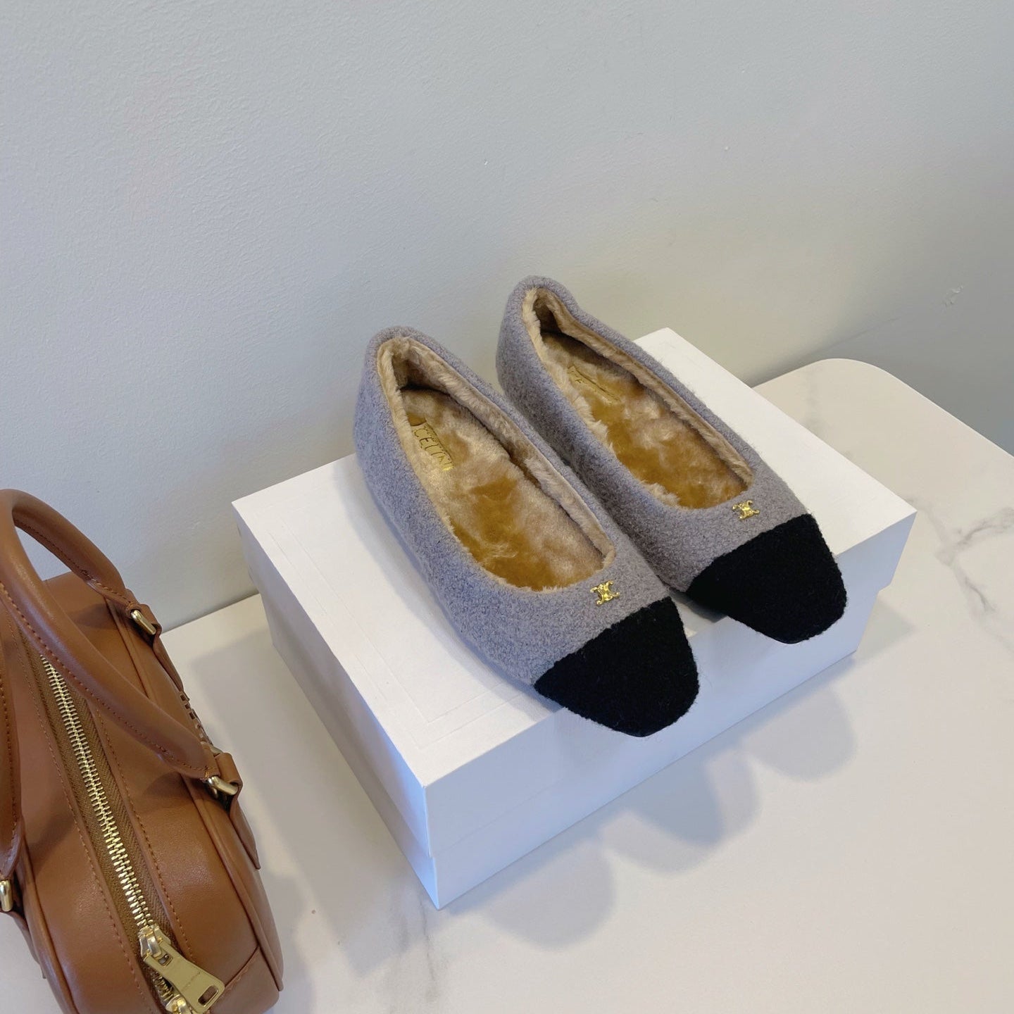 CELINE 26S FLAT SHOES IN GREY AND BLACK WOOL