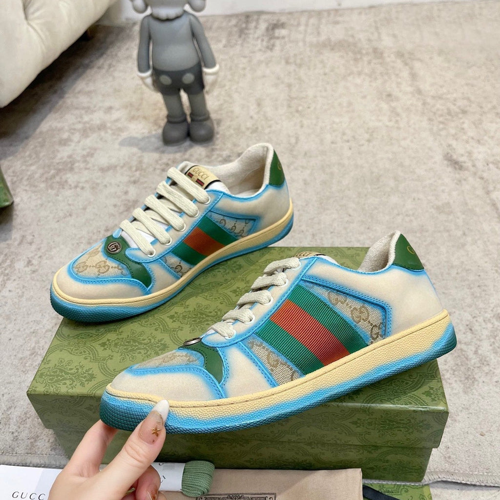GG 26ss Screener Sneaker Beige Blue Green Cowhide 697181
