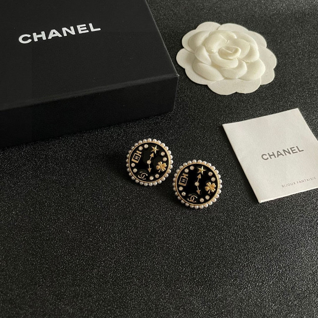 CC Vintage Double C Clock Black Gold Earrings