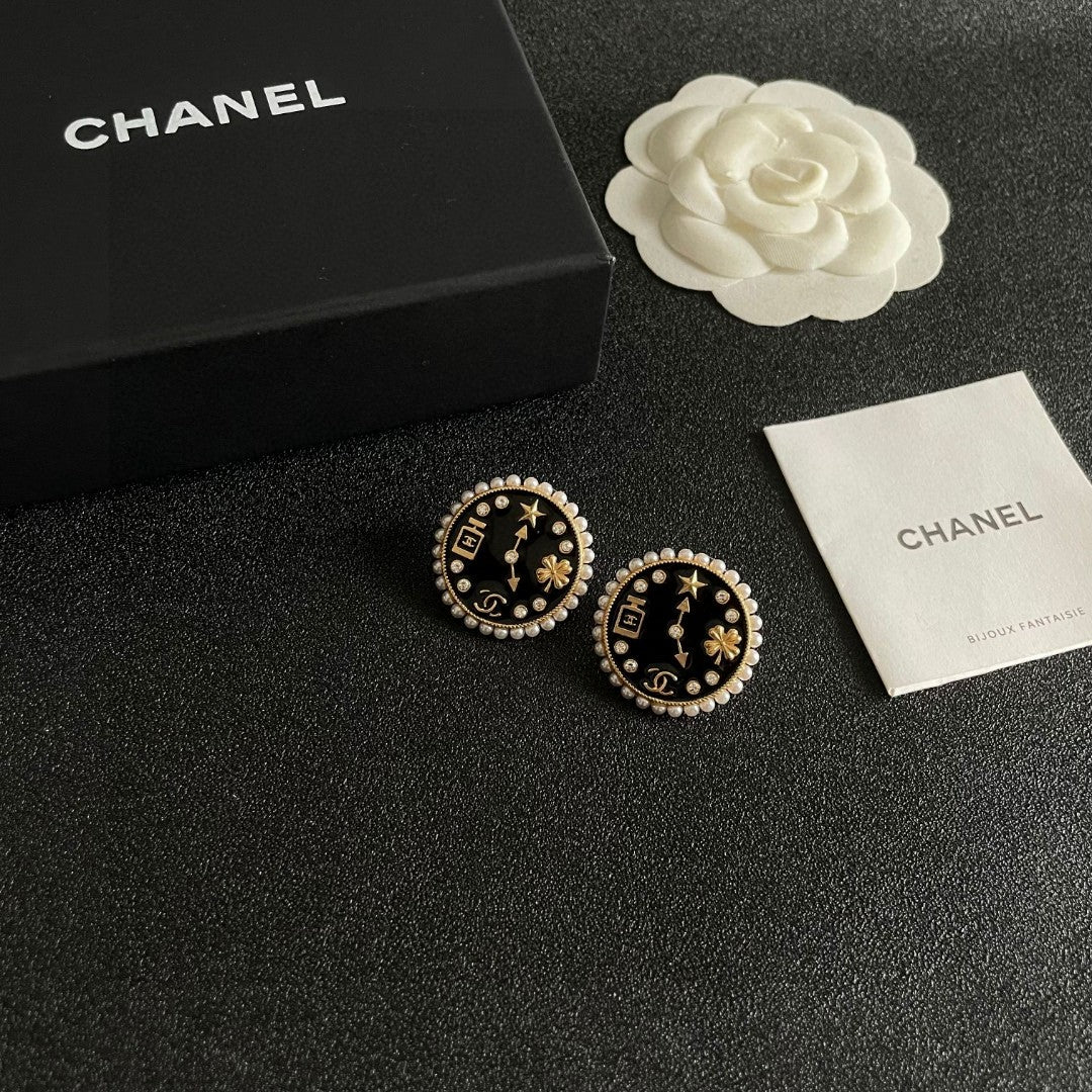 CC Vintage Double C Clock Black Gold Earrings