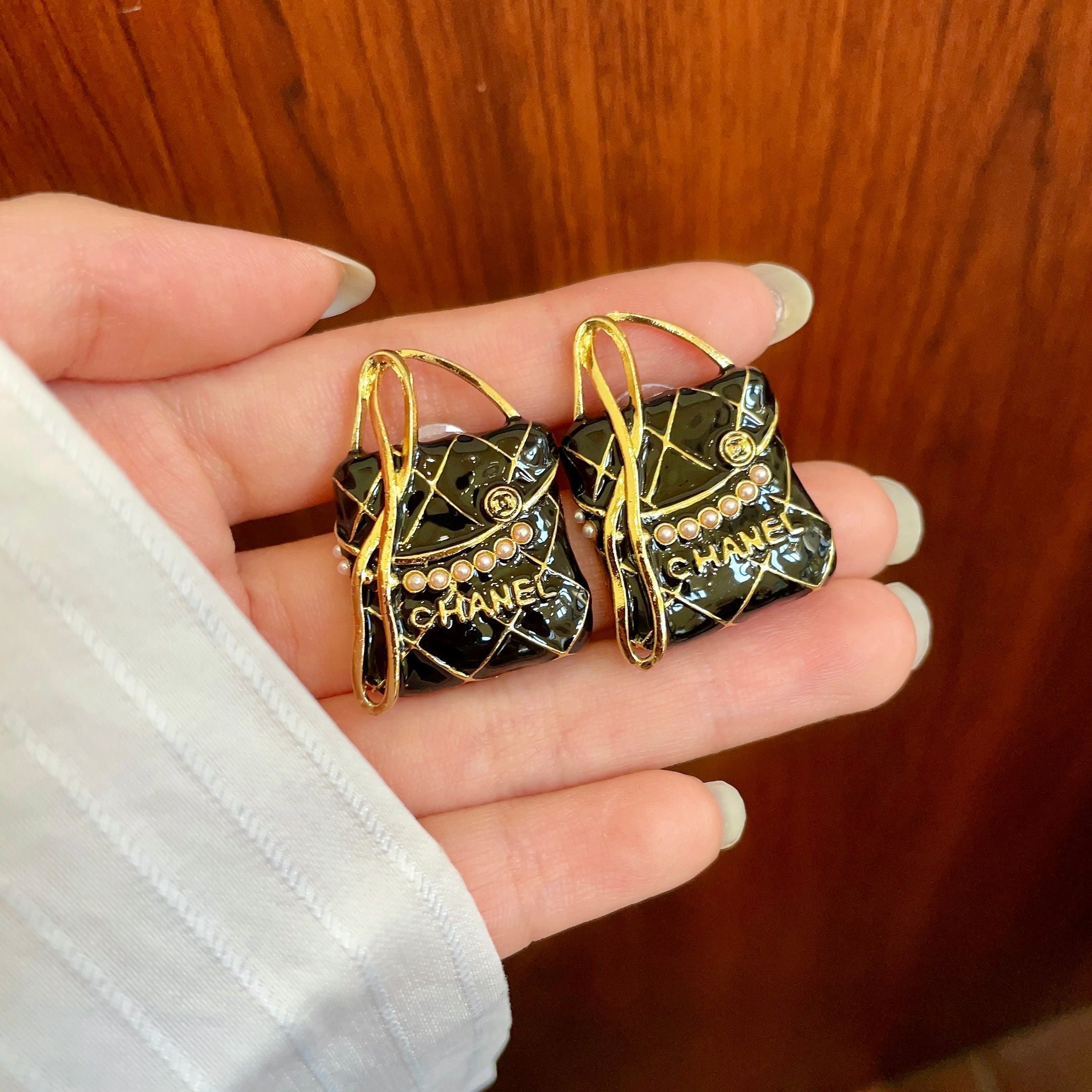 CC Vintage Double C Bag Black Gold Earrings