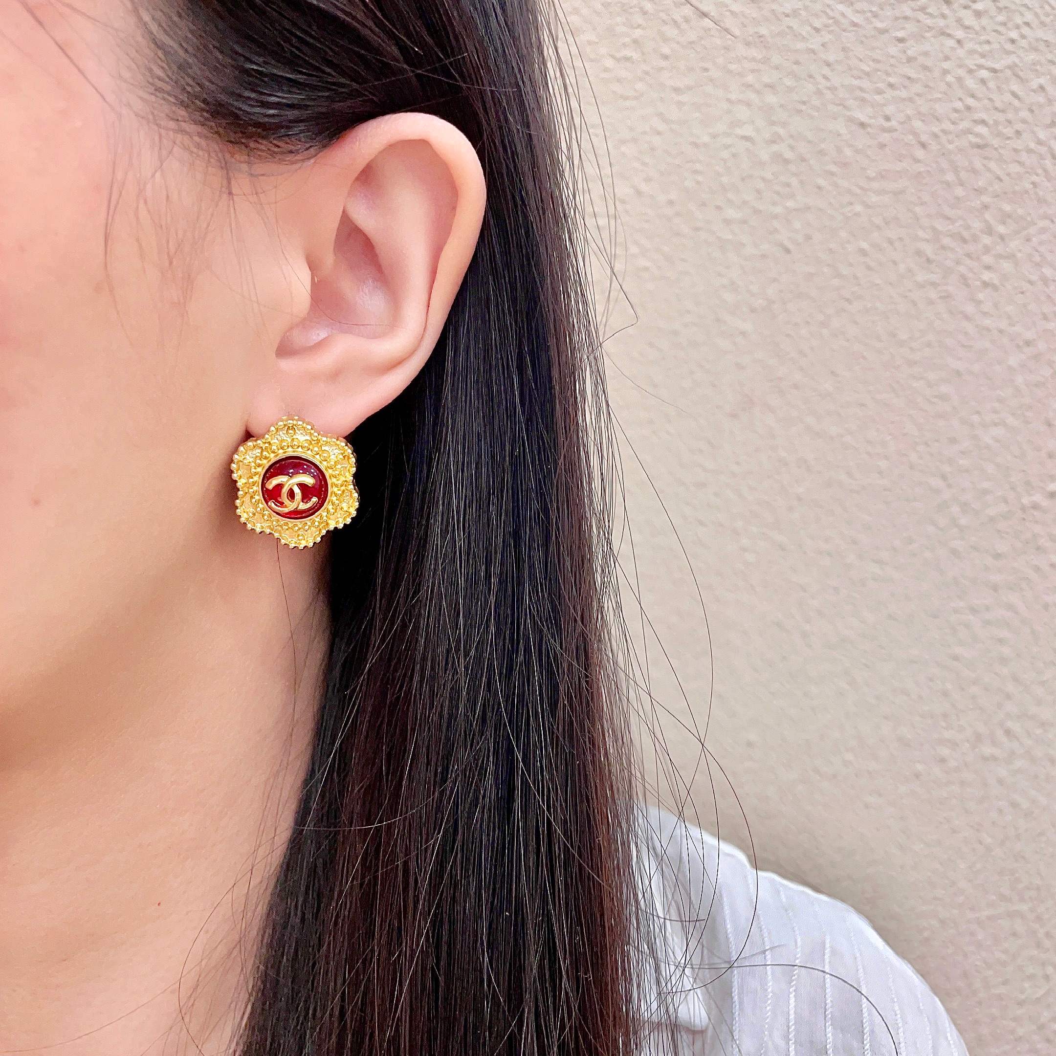 CC Flower Double C Red Gold Earrings