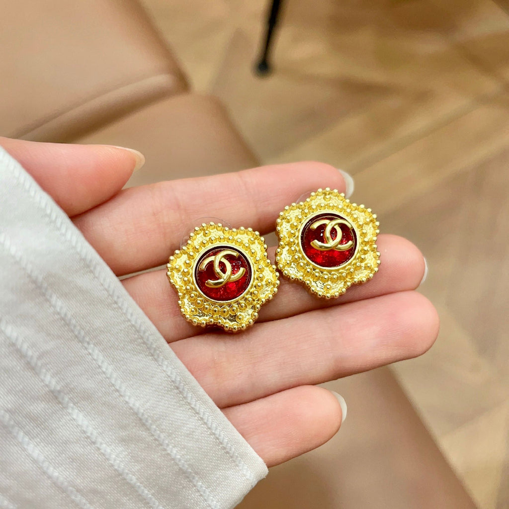 CC Flower Double C Red Gold Earrings