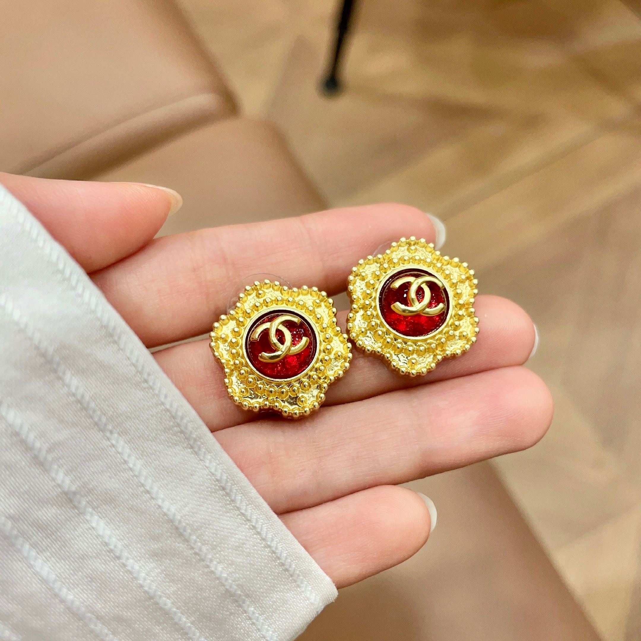 CC Flower Double C Red Gold Earrings