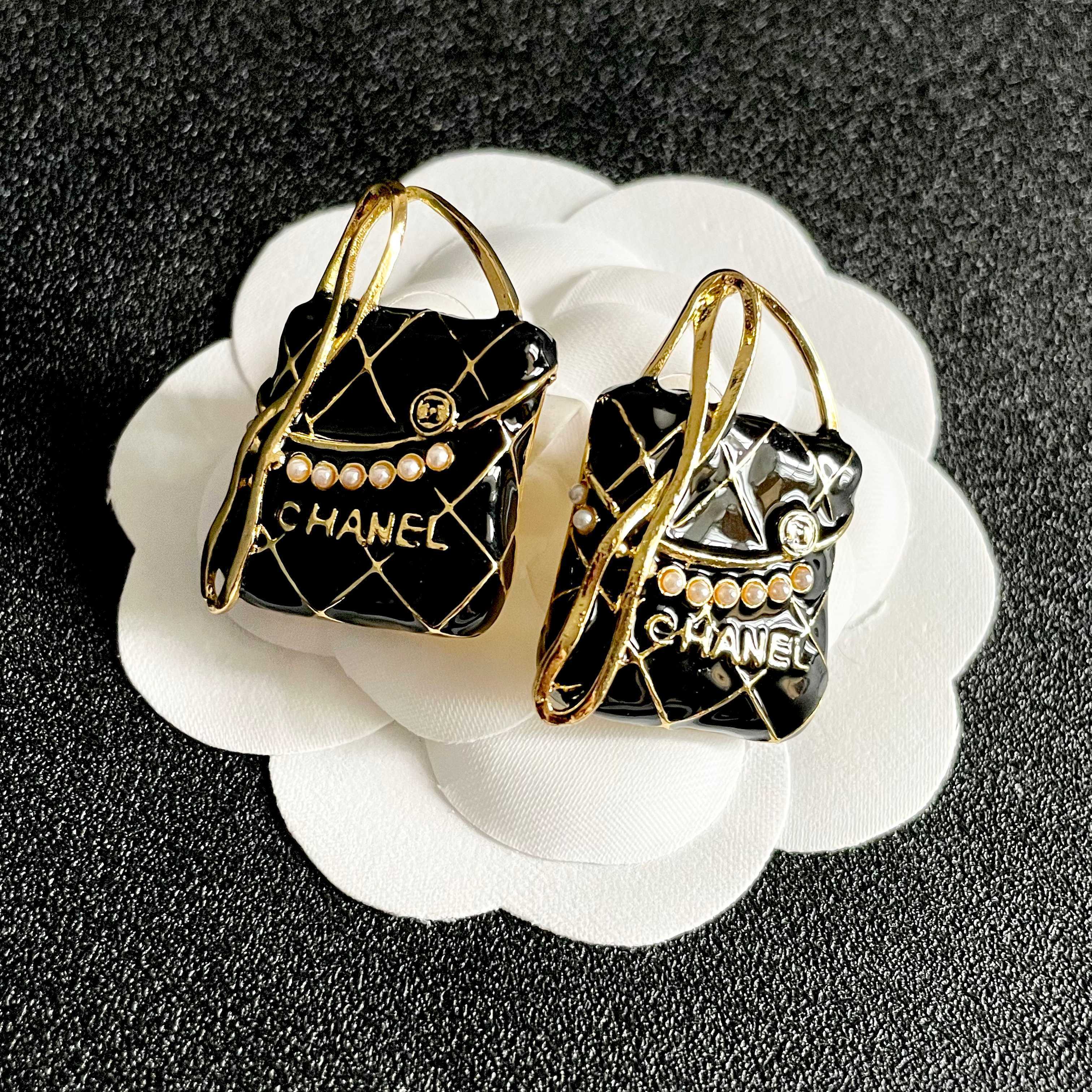 CC Vintage Double C Bag Black Gold Earrings