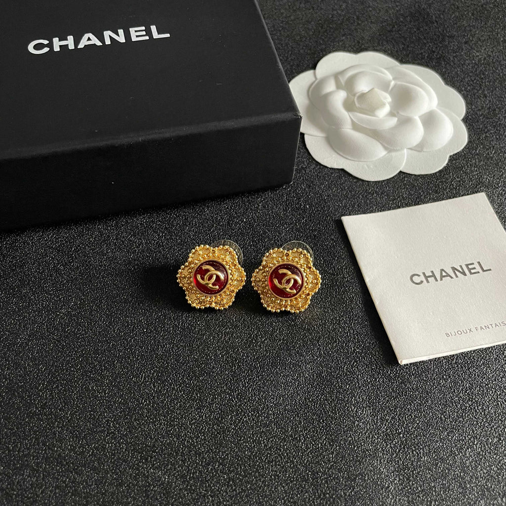 CC Flower Double C Red Gold Earrings