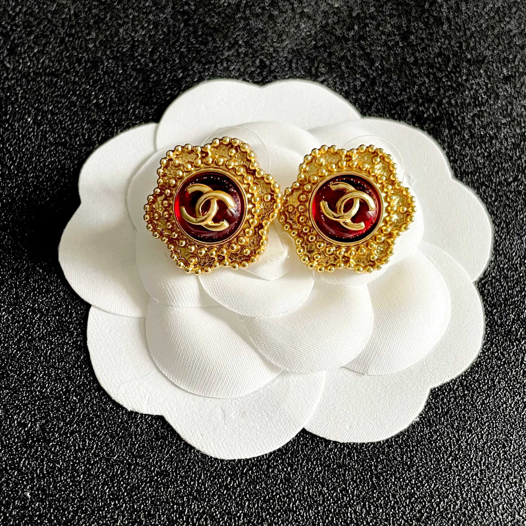 CC Flower Double C Red Gold Earrings
