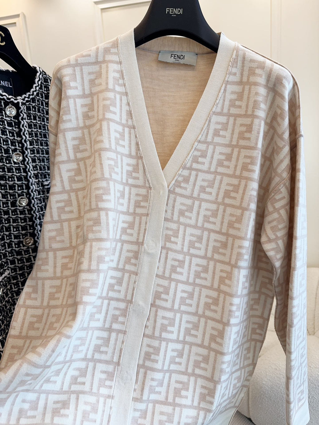 Fendi Monogram Cardigan Beige Wool