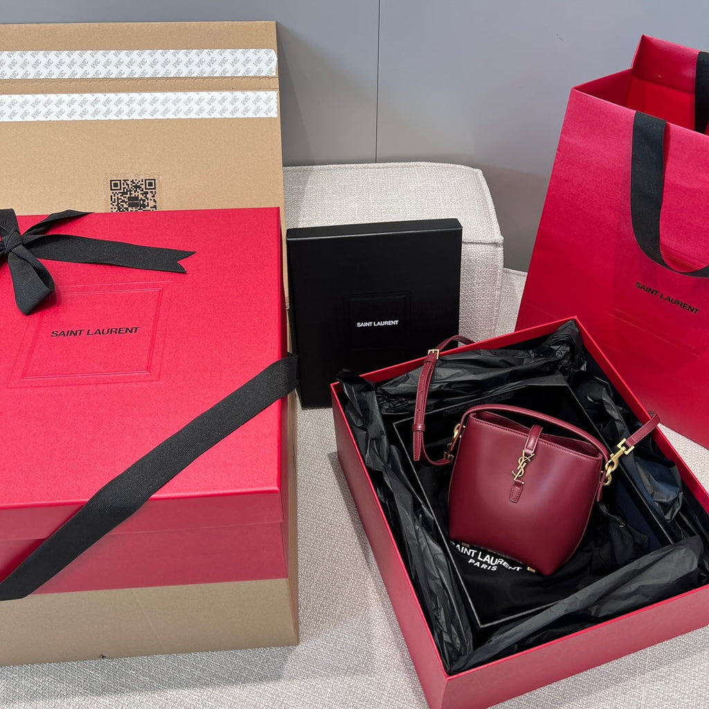 YSL Mini Bucket Bag 15 Dark Red Calfskin Leather