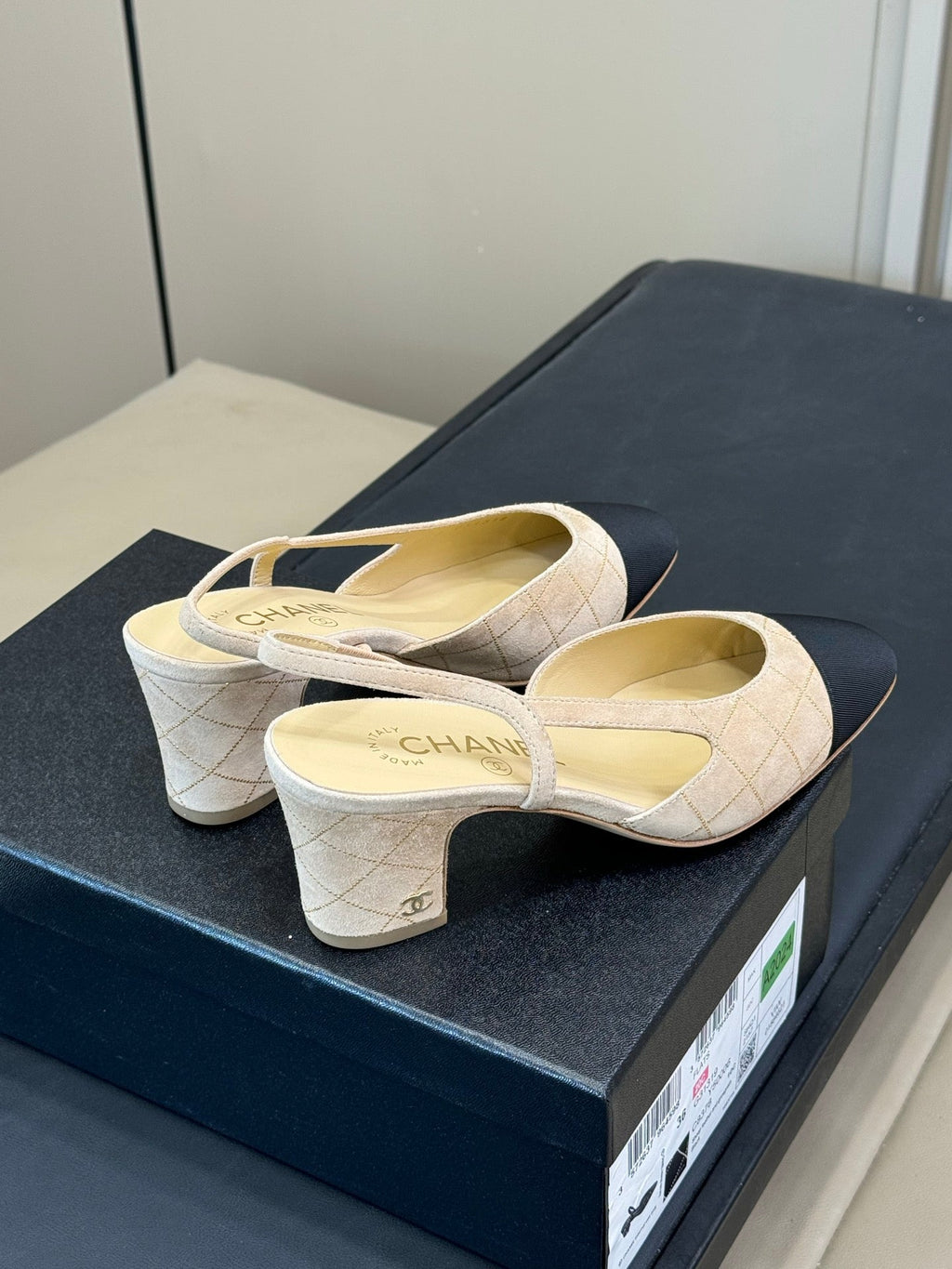 Chanel 25 Plaid Slingback Beige Black Suede Sheepskin 468363