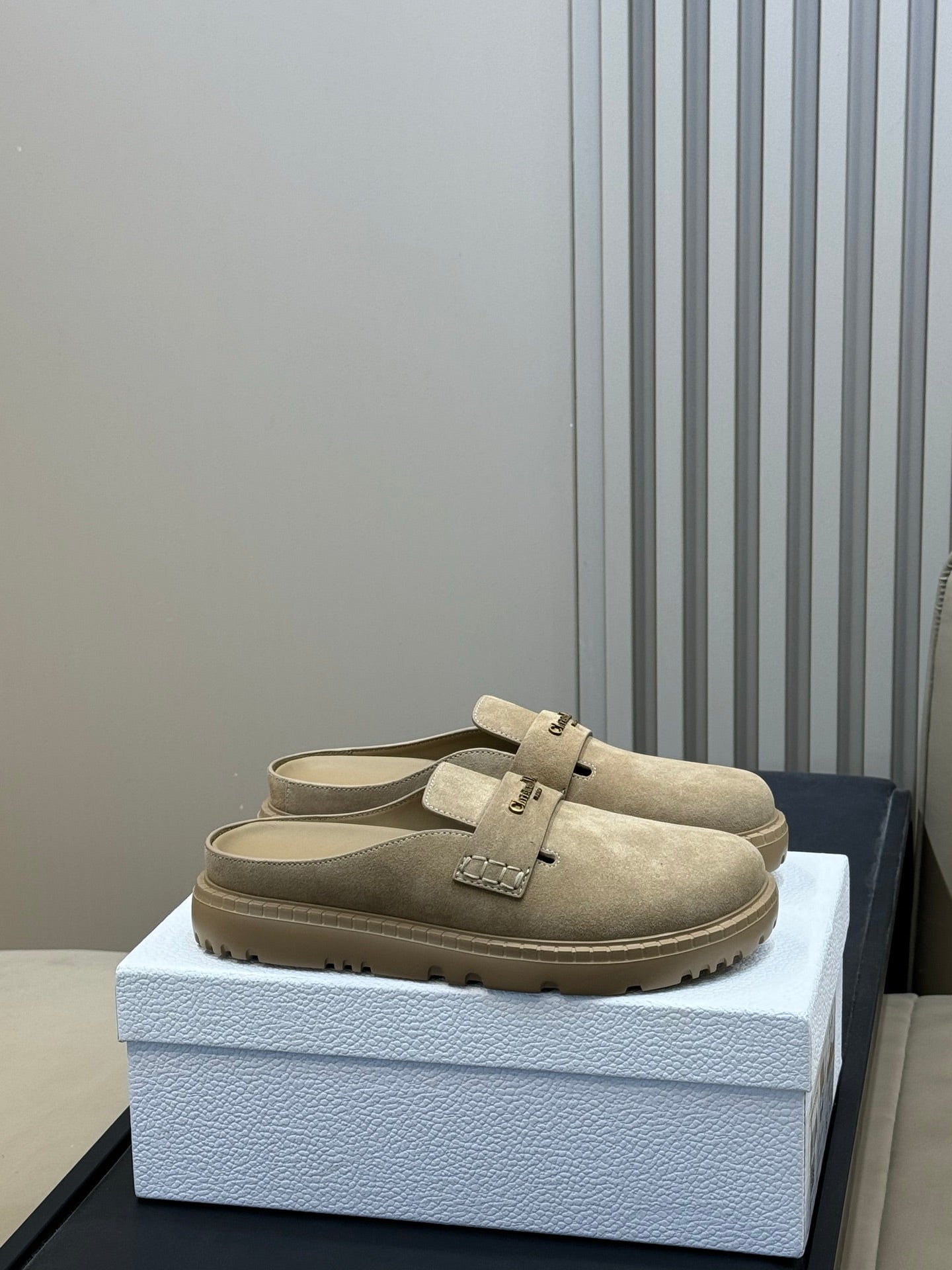 DIOR 26S BOY MULE IN DARK BEIGE SUEDE GOLD HARDWARE