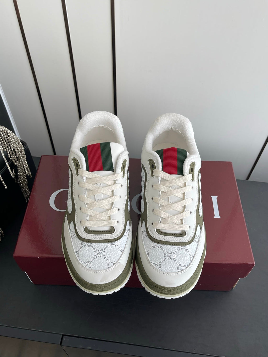 GG 26 Couple Sneakers White Olive Green Cowhide 631677