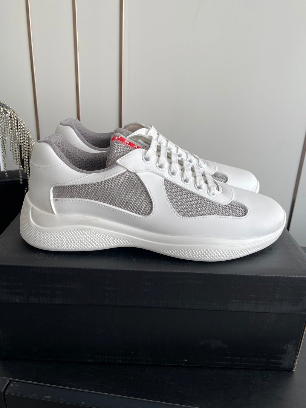PRADA 26S AMERICA CUP SNEAKERS IN WHITE SOFT RUBBER AND BIKE FABRIC