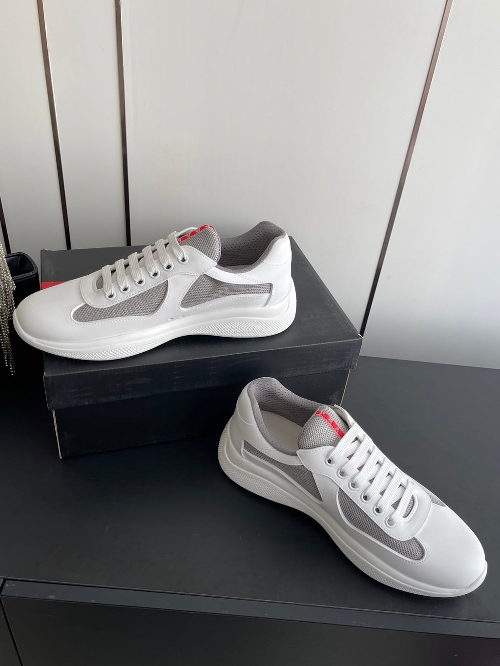PRADA 26S AMERICA CUP SNEAKERS IN WHITE SOFT RUBBER AND BIKE FABRIC