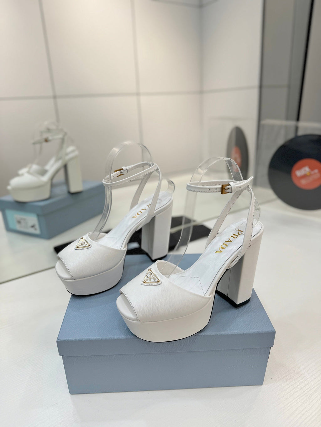 PRADA 26S HEELED SANDALS 115MM IN WHITE CALFSKIN WITH LOGO