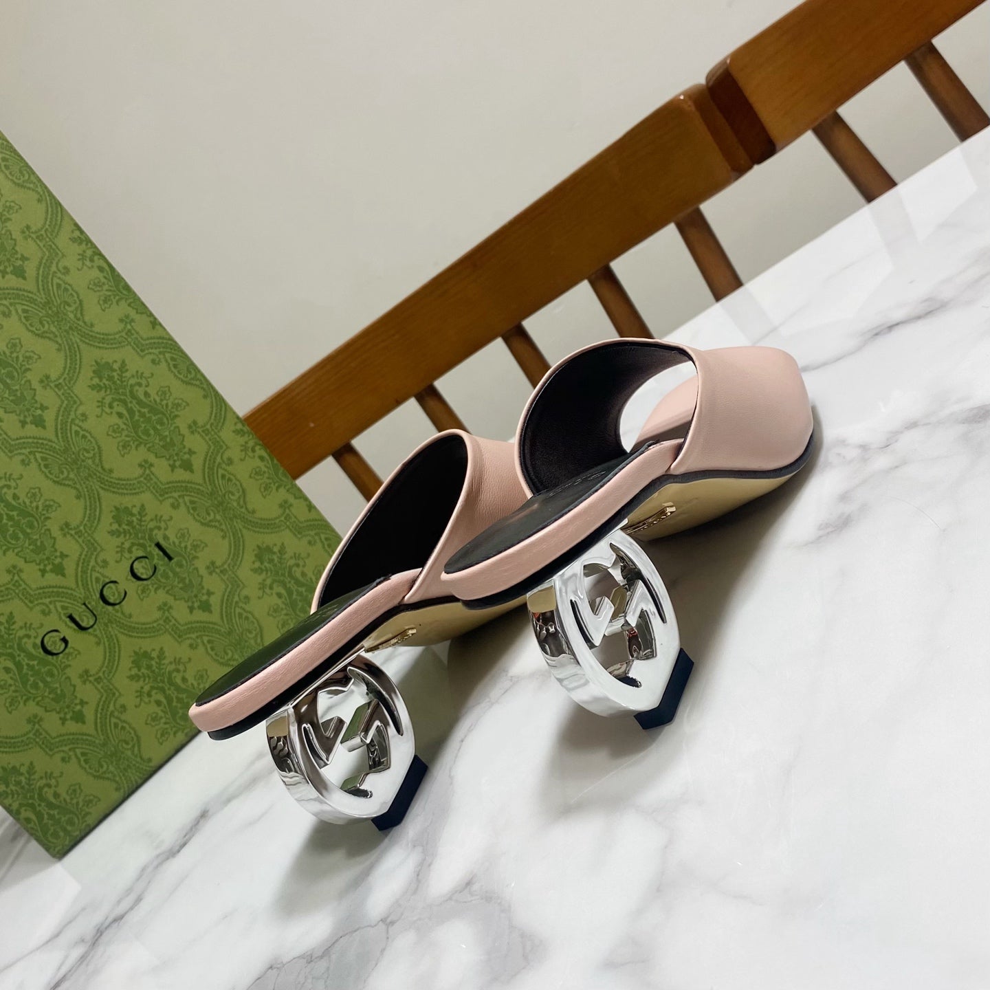 GG SILVER METAL HEEL 65 IN PINK CALFSKIN