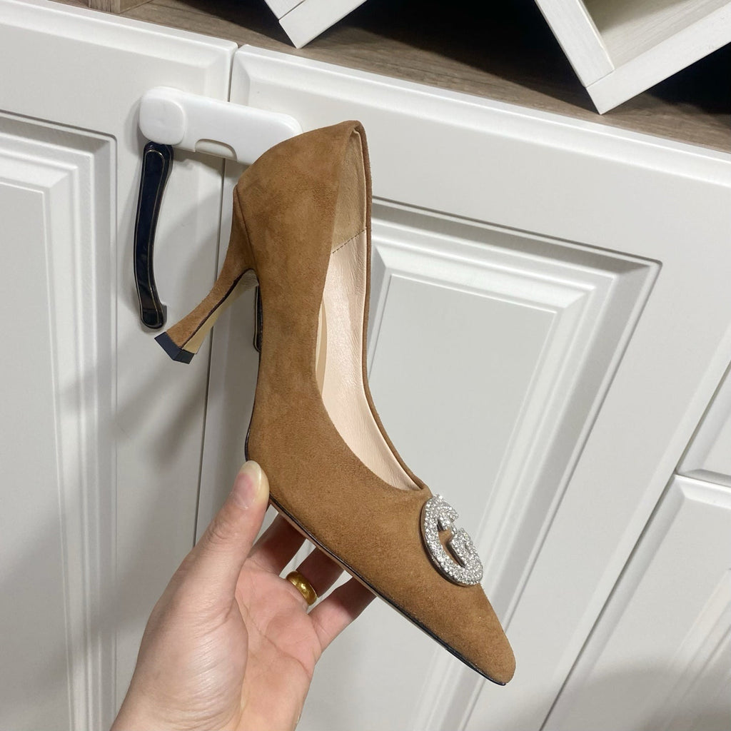 GUCCI 26S HIGH-HEELED SHOES 85 MM IN BROWN SUEDE WITH CRYSTAL