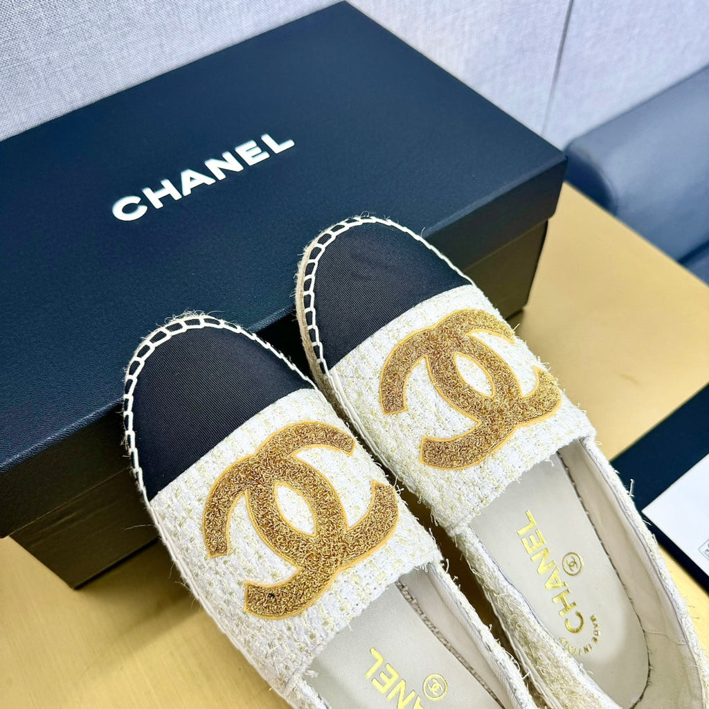 espadrilles yellow white tweed black grosgrain