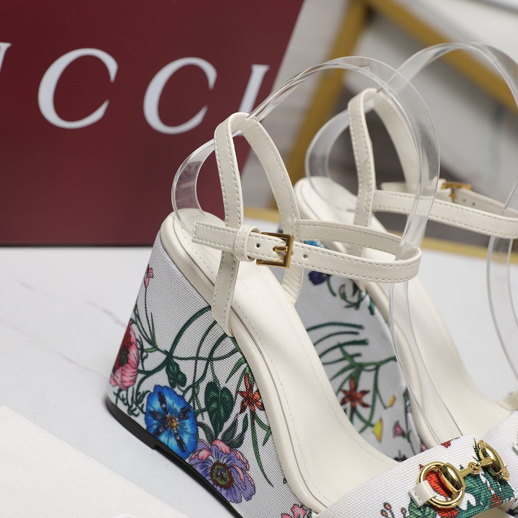 GG WEDGE HEEL SANDALS 100 IN WHITE FABRIC FLORAL PRINT