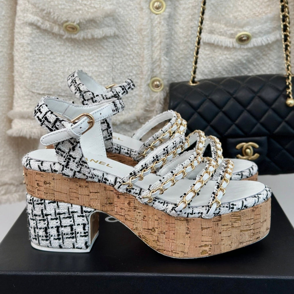Double C Wooden Chain Platform Block Heel Sandals Black Caro/ White
