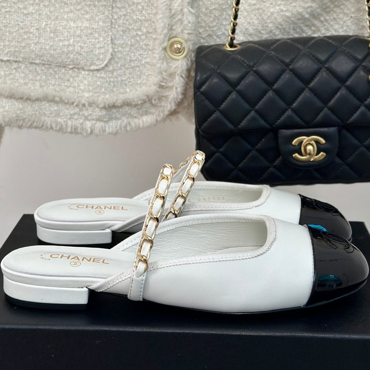Double C Two-Tone Chain Mules White Lambskin