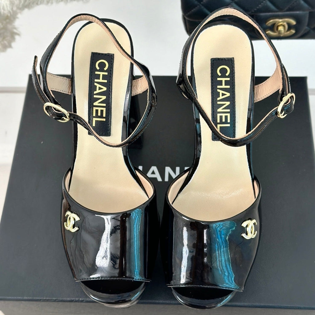 Double C High Heel Sandals Black Leather