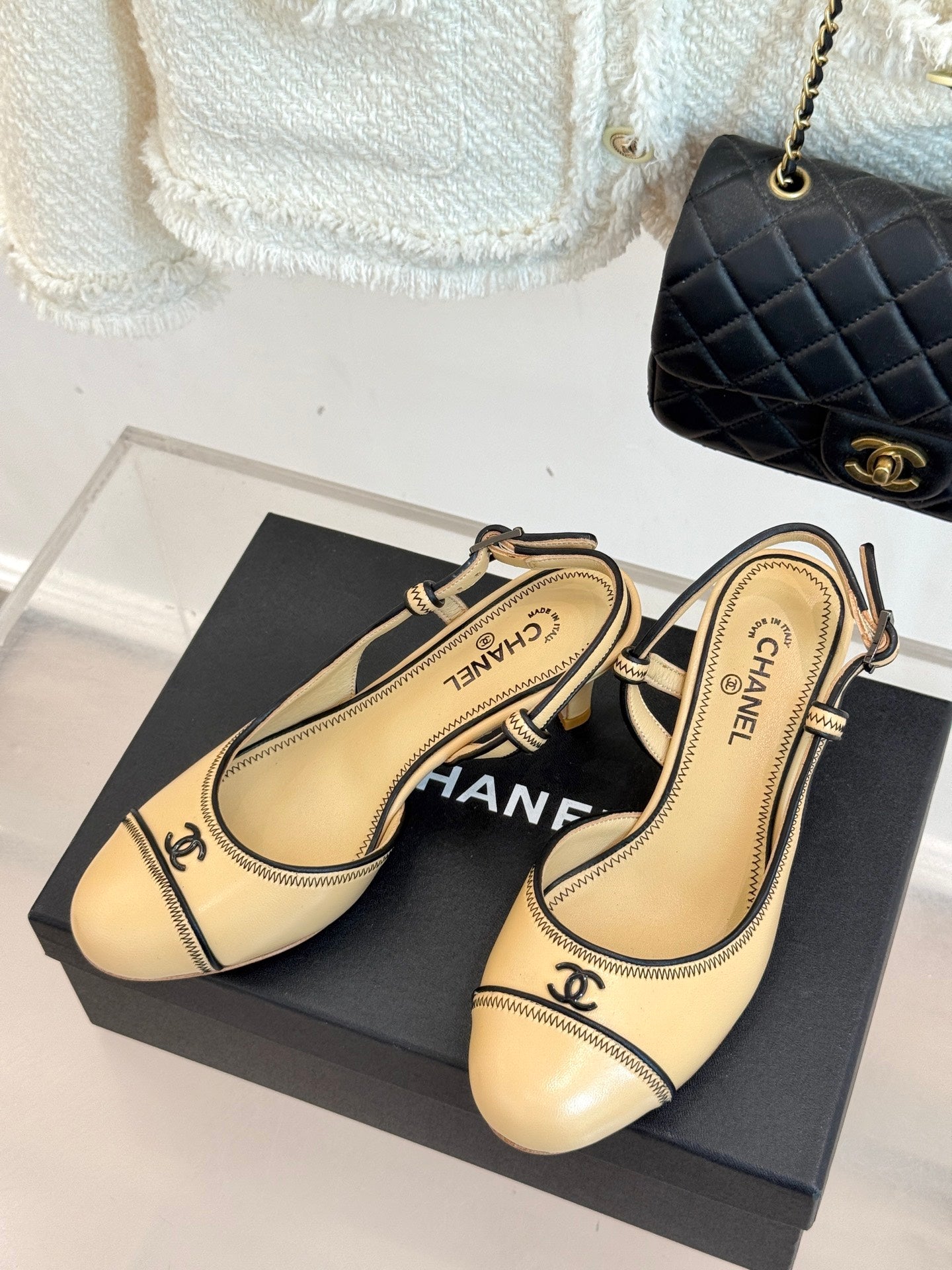 Chanel 25 Slingback Beige Black Sheepskin 473058