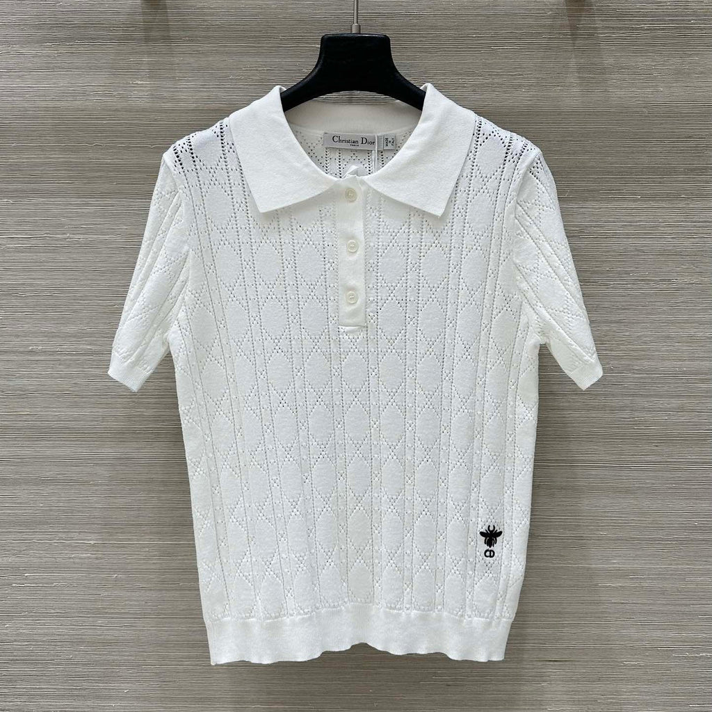 CD 25 Hollow Polo Knitted Short-sleeved Top White Silk Wool